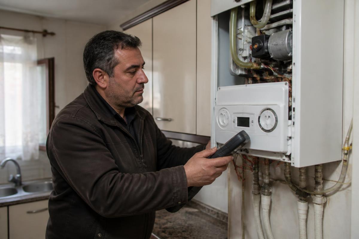 Teknisyenin açık kombi üzerinde periyodik bakım yapması