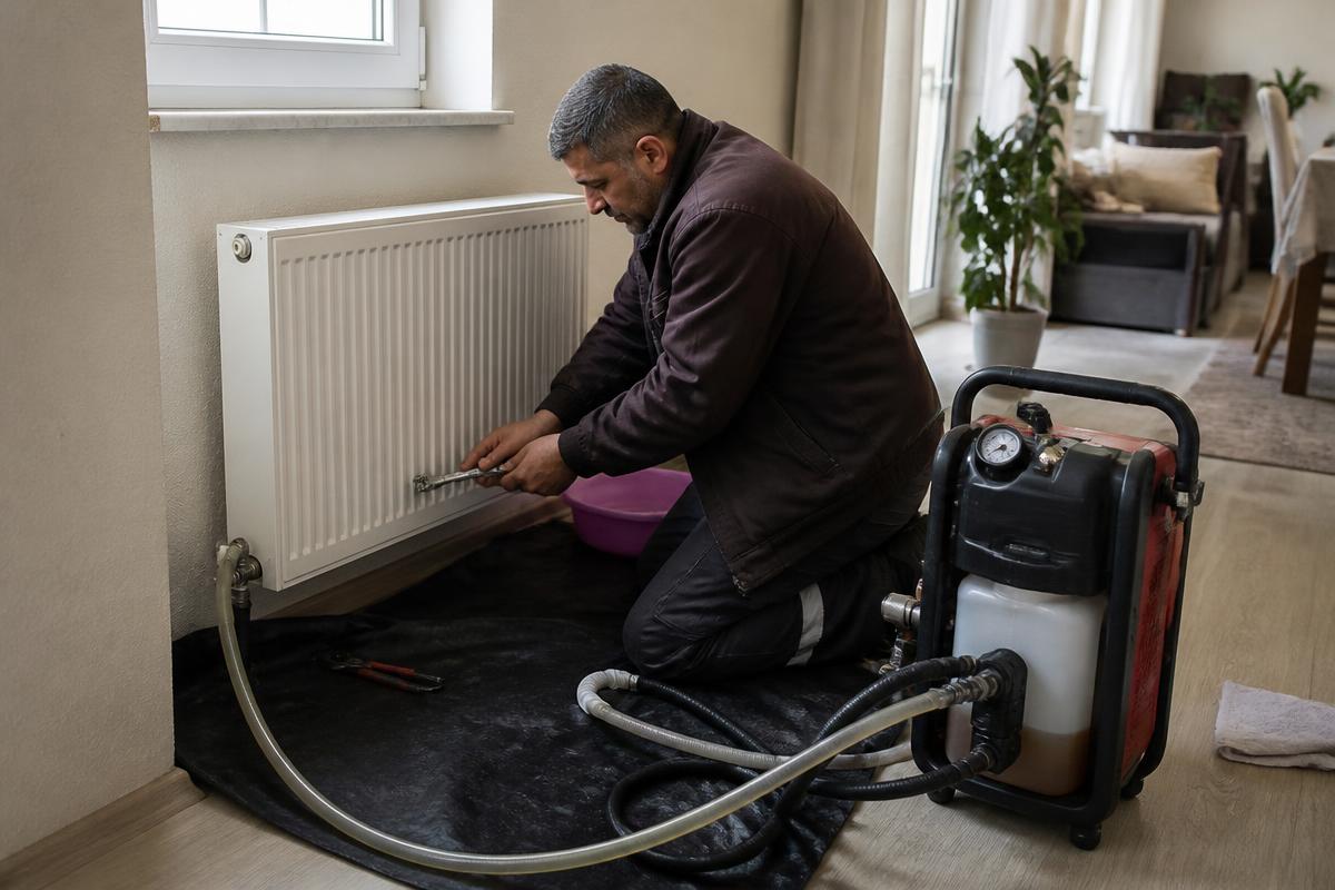 Teknisyenin makineyle kalorifer peteği temizliği yapması